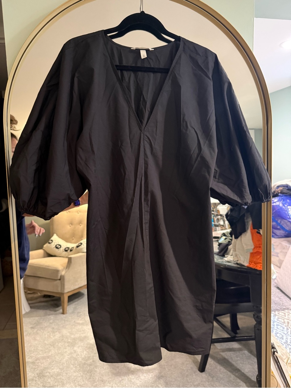 H&M Black V-Neck Mini Dress with Puff Sleeves
